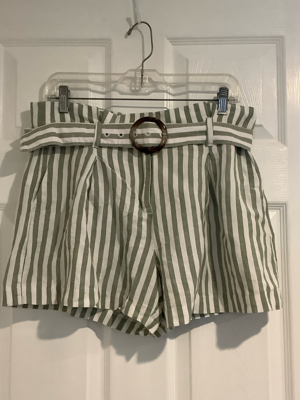 LOFT Green/White Stripe Linen Blend Paper Bag Waist Coastal Summer Shorts 8P